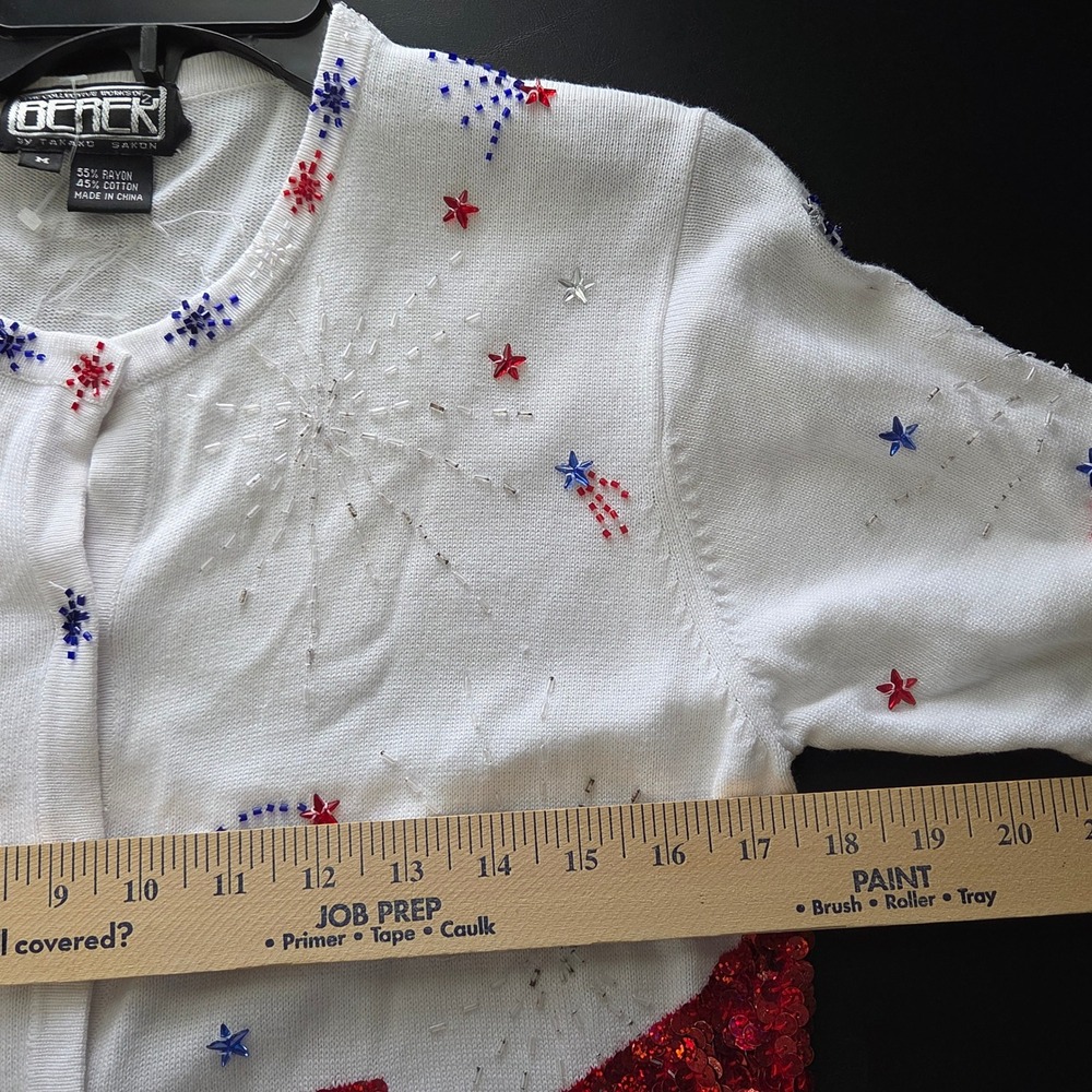 Berek Cardigan Women Size M White Good Patriotic Sequin American Flag Fireworks - Picture 4 of 8